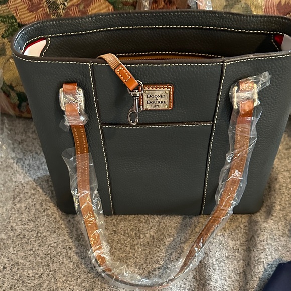 Dooney & Bourke Handbags - Dooney & Bourke small Lexington Shopper Dark GreyTote with Brown Trim